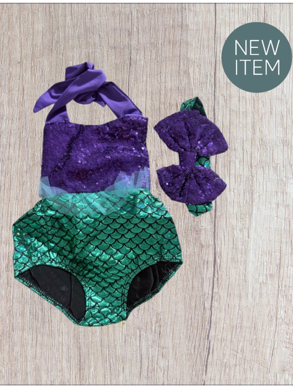 Kids Purple and Green Mermaid One-Piece with Bow Headband